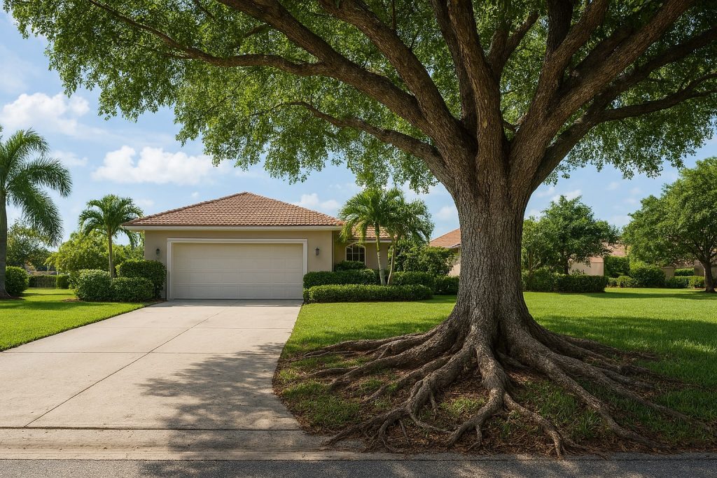 Boca Raton tree trimming services with palm and hardwood trees protecting driveway and foundation from root damage