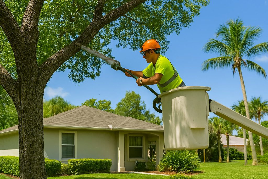 Tree trimming Fort Pierce professional arborist in bucket lift using pole saw to prune palm and shade trees