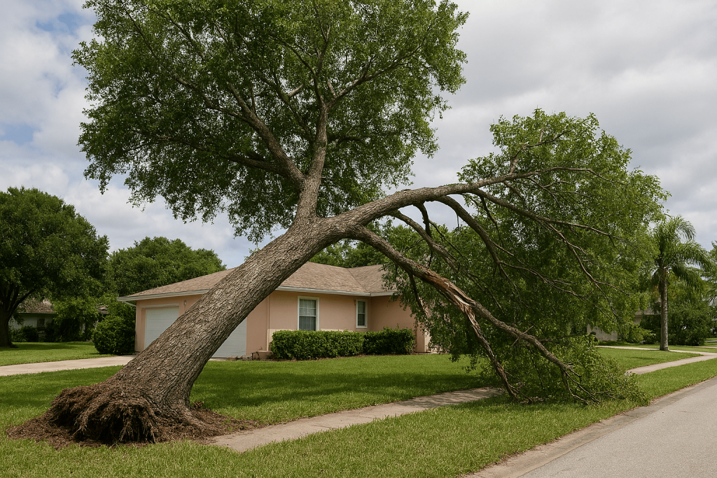 Leaning cracked tree with exposed roots and a broken limb near a suburban Vero Beach home, showing urgent storm damage and safety risk for tree service Vero Beach.