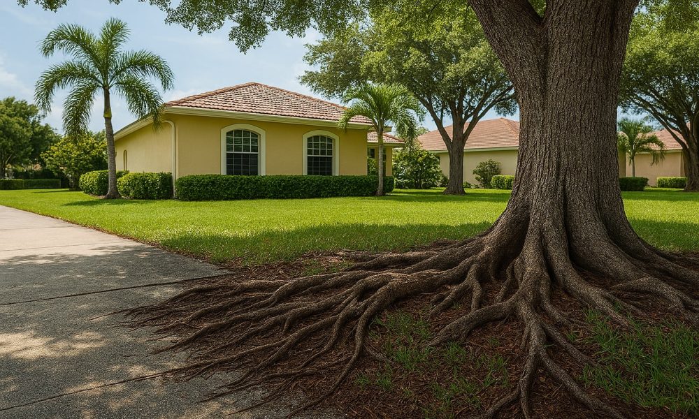 Overgrown palm trees and cracked pavement near tree roots in Boca Raton showing effects of neglect