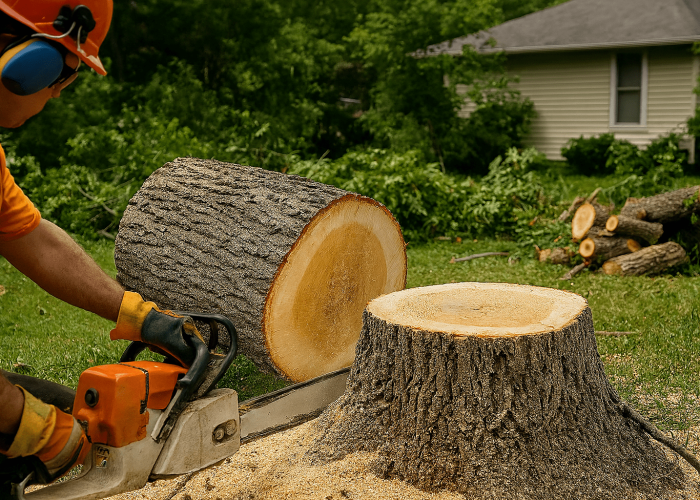 Tree removal operation in Rogers AR showing arborists cutting and hauling branches in a residential backyard