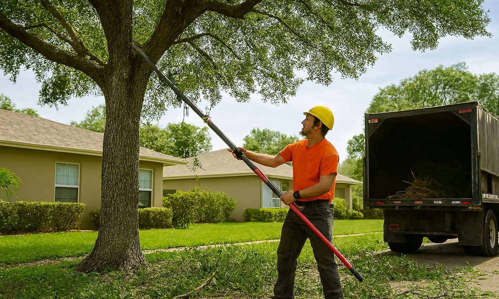 Tree trimming Fort Pierce arborist preparing trees for storm season with professional pruning equipment