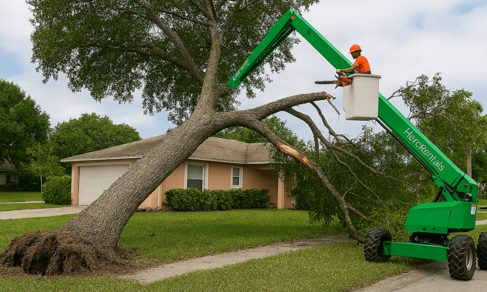 Cracked oak trunk with exposed roots and a hanging limb in a Vero Beach front yard illustrating storm damage and need for tree service Vero Beach.